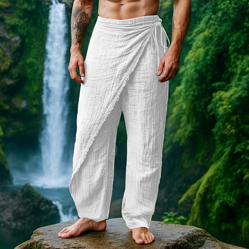 Men's Linen Pants Trousers Summer Pants Drawstring Elastic Waist Straight Leg Plain Comfort Breathable Full Length Casual Daily Holiday Vacation Fashion White Brown Micro-elastic3