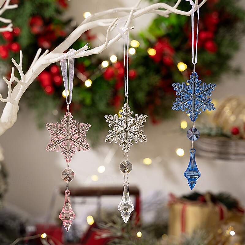 3pcs Christmas Crystal Snowflake Ornaments, Colorful Acrylic Icicle Hanging Decorations, Winter Holiday Tree Decor, Festive Home and Party Decoration3