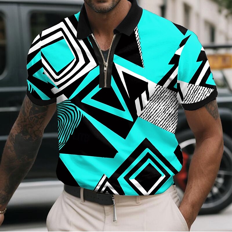 Men's Geometic Zip Polo Shirts Short Sleeve Polo Shirts Collared Shirts Casual Athleisure Daily Wear 3D Print Summer Yellow Red Blue2