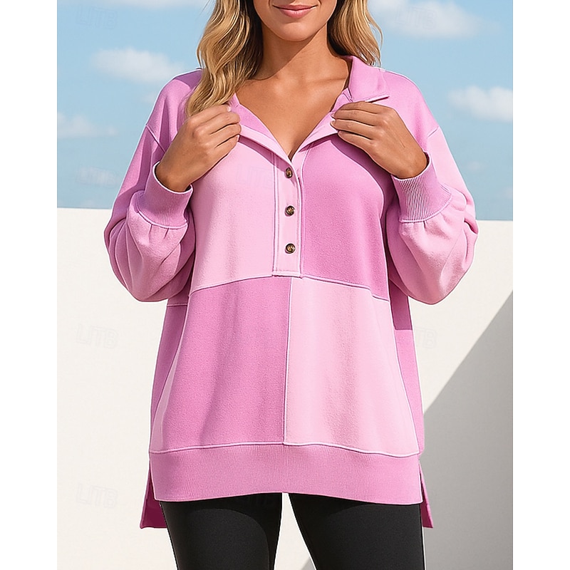 Women's Pullover Sweatshirt Casual Tops Buttons Long Sleeve Top Athleisure Fall Patchwork Lightweight Workout Outdoor Training Sportswear Activewear Pink Blue Green