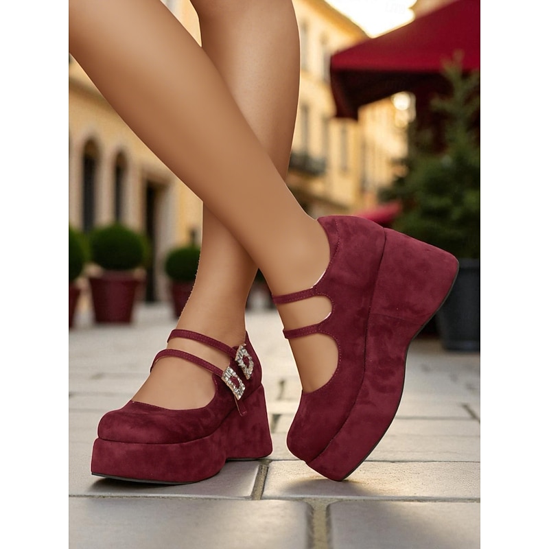 Women's Burgundy Platform Mary Jane Wedge Shoes with Crystal Buckle - Retro Chic Suede Round Toe Heels for Urban Outfits,Daily Wear and Holiday Looks2