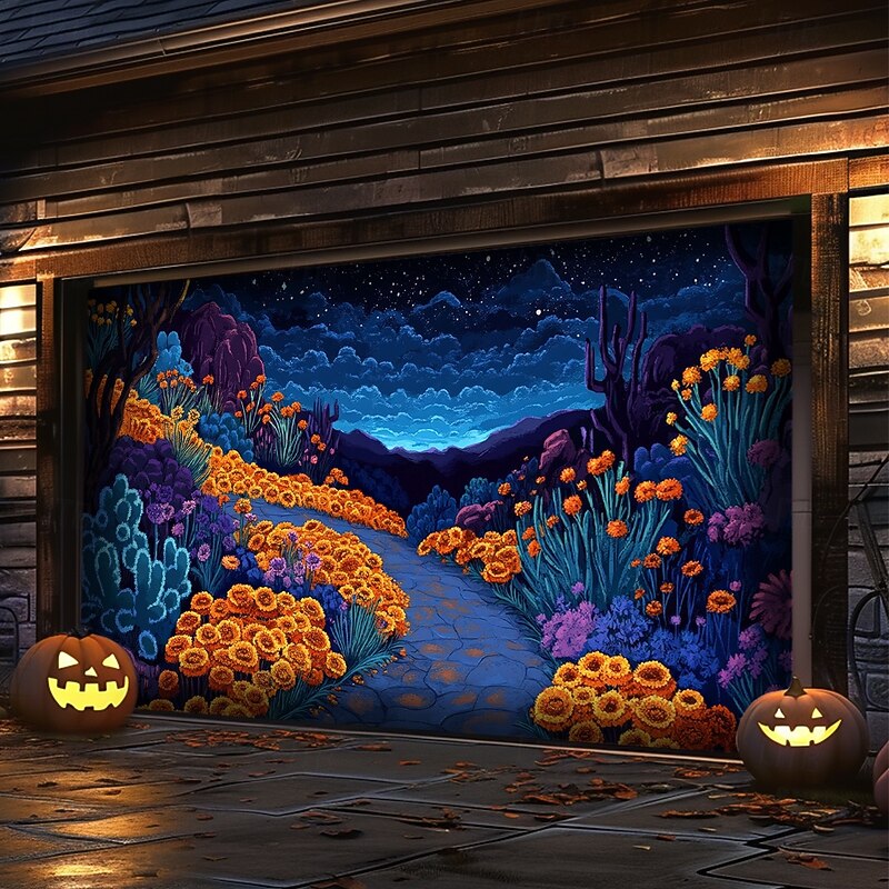 Day of the Dead Garage Door Cover Large Hanging Backdrop Marigold Mexico Dark Punk Gothic Style Party Outdoor Shooting Backgrounds Front Door Home Decor2