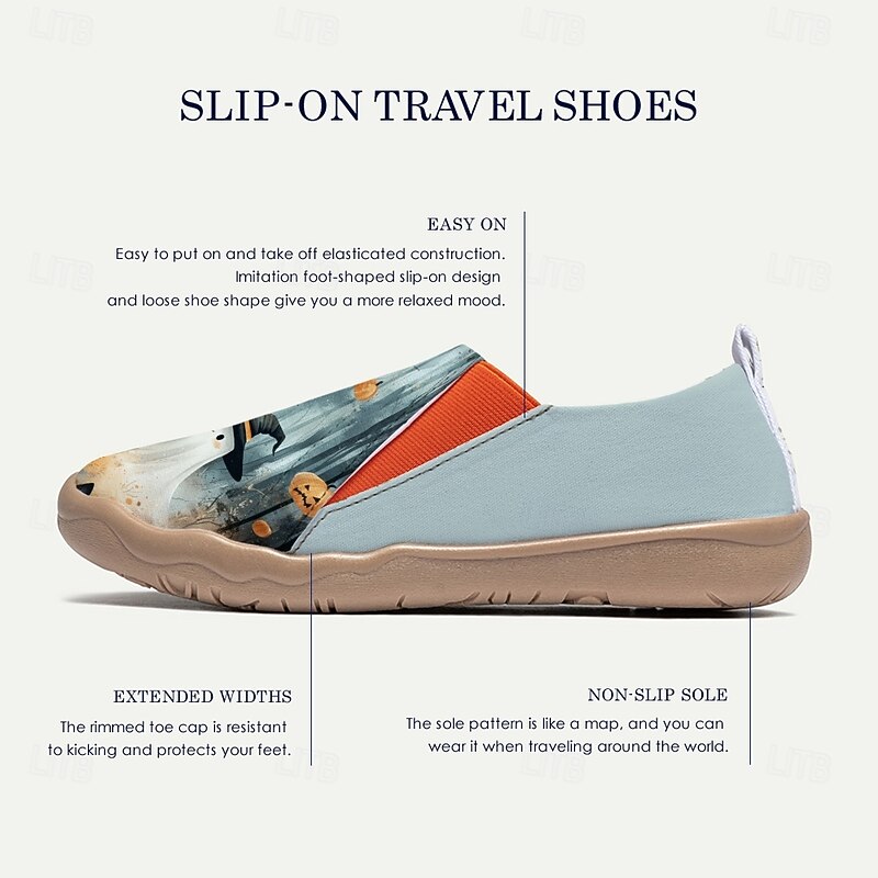 Women's Wide-Width Canvas Slip-On Shoes with Cute Ghost and Pumpkin Print – Halloween Casual Comfort Flats for Parties and Daily Wear4