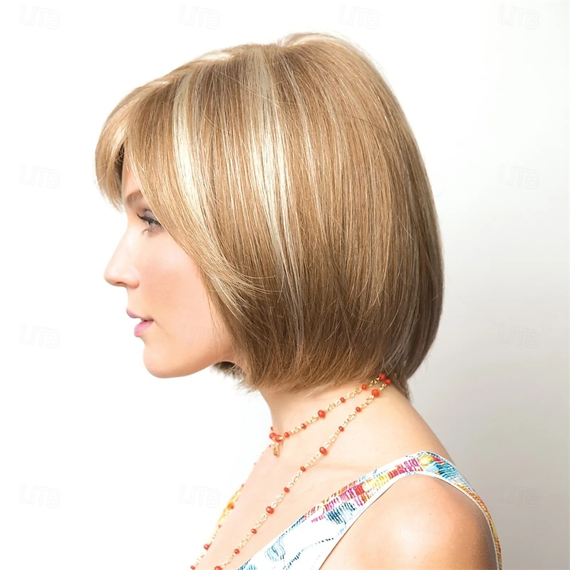 Women’s Blonde Brown Highlight Short Bob Wig with Bangs Natural Looking Realistic Synthetic Hair Heat Resistant Straight Elegant Daily Wear Fashion Style4