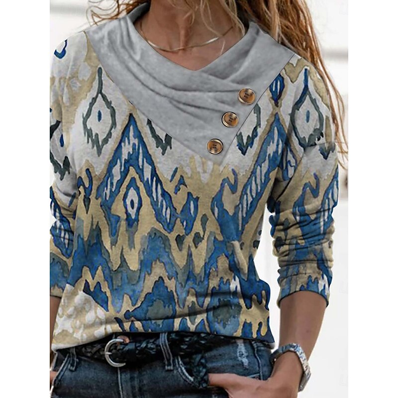 Women's T shirt Long Sleeve Geometric Abstract Vintage Stylish Basic Long Sleeve Pile Neck V Neck Regular Tops Daily Weekend Buttons Print White Gray Spring Fall Winter Prefall3