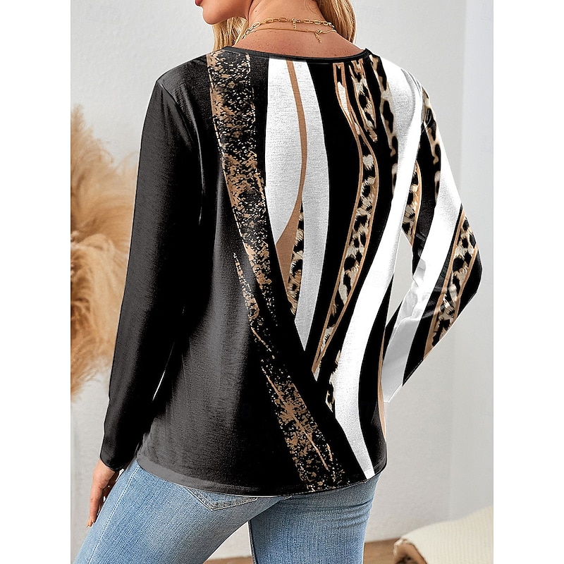 Women's T Shirt Graphic Leopard Geometric Vintage Stylish Classic Long Sleeve V Neck Regular Tops Daily Cut Out Print Yellow Blue Purple Green Gray Spring Fall2