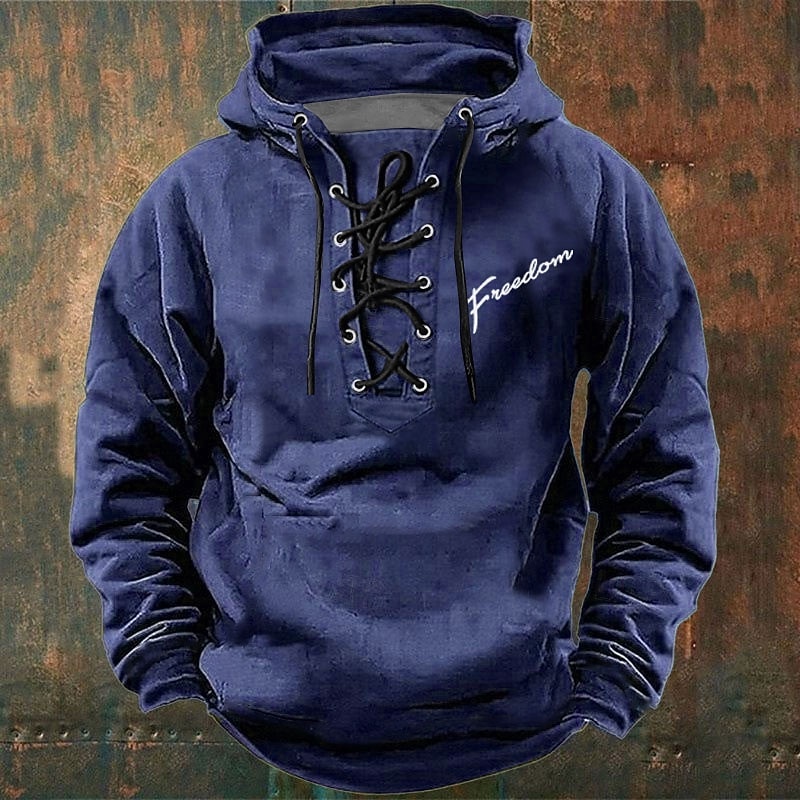 Men's Freedom Slogan Hoodie Sweatshirt Stylish Vintage Retro Hooded Outdoor Streetwear Black Blue Drawstring Fall Winter Designer