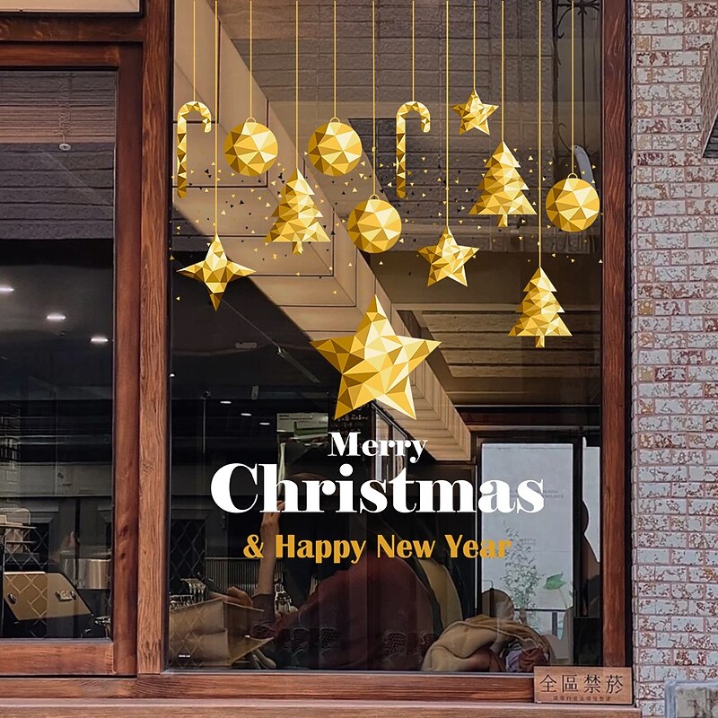 Christmas Window Clings Xmas Wall Sticker Gold Bell Star English Design Glass Decals for Mall Window Door Holiday Decoration Static Cling Festive Home Party Accessory2