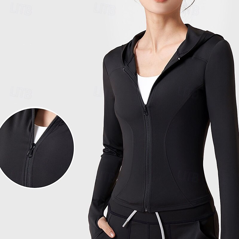 Women's Hoodie Jacket Lightweight with Thumbholes Long Sleeve Sports Solid Color Top For Gym Athletic Running Tight Fit Activewear