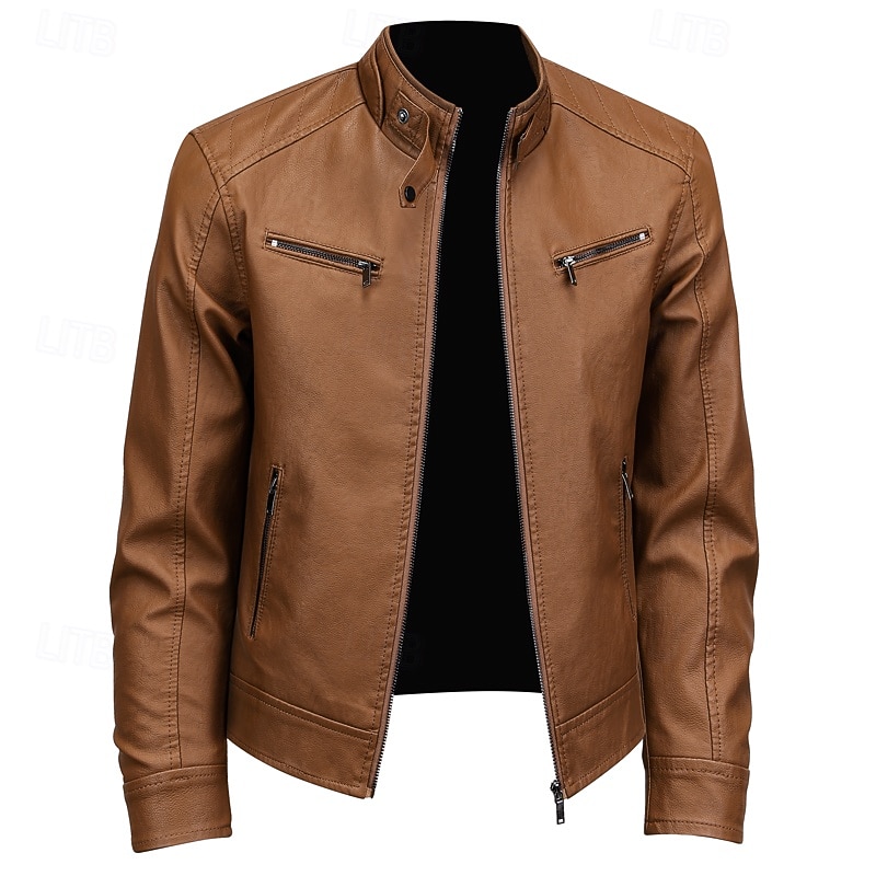 Men's Faux Leather Jacket Motorcycle Jacket Outdoor Vacation Warm Zipper Pocket Fall Winter Plain Fashion Streetwear Standing Collar Regular Black Wine Brown Coffee Jacket4