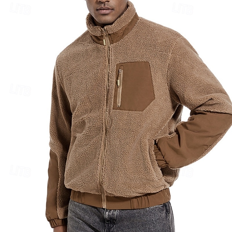 Men's Fleece Jacket Casual Thermal Warm Plain Winter Solid Color Casual Stand Collar Regular Camel Black Navy Blue Army Green Jacket