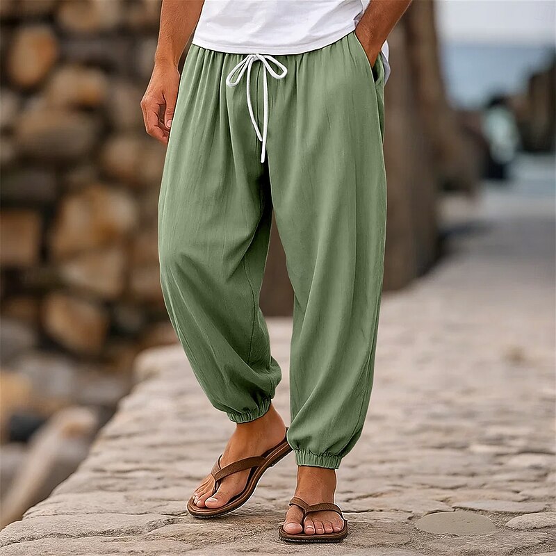 Men's Linen Pants Trousers Summer Pants Jogger Pants Elastic Waist Straight Leg High Rise Solid Color Plain Comfort Breathable Full Length Wedding Holiday Vacation Fashion Black White High Waist