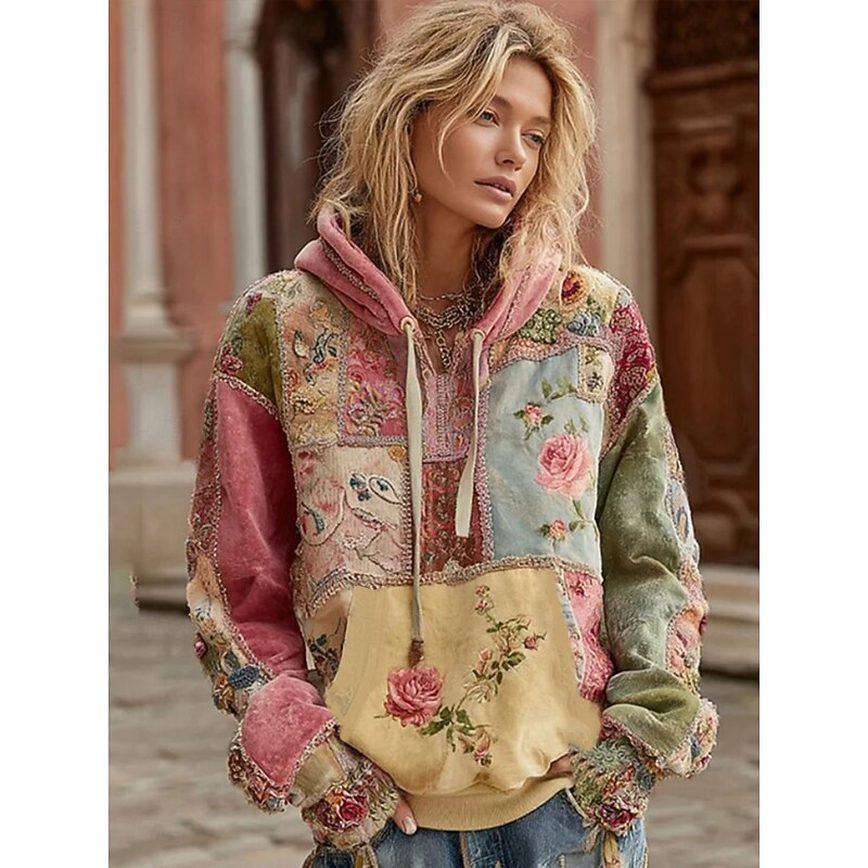 Women's 3D Print Vintage Boho Hoodie Patchwork Hoodie Sweatshirt Floral Pullover Sweatshirt Floral Active Vintage Ethnic Long Sleeve Hooded Regular Tops Casual Pocket Pink Fall Winter