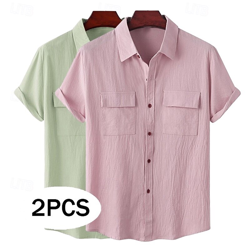 Men's Shirt Linen Shirt Summer Shirt Beach Wear Button Up Shirt Plain Vacation Casual White+Green Green+pink White+Navy Blue Pink+Navy Blue Short Sleeve Turndown Summer Clothing Apparel Multi Pocket