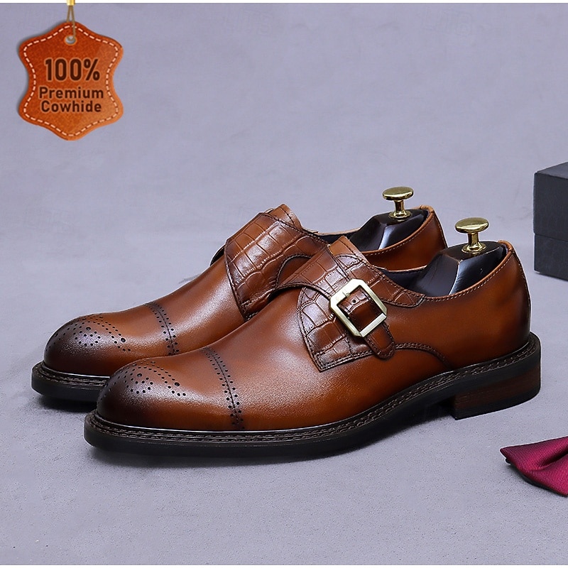 Men's Black Genuine Leather Monk Strap Dress Shoes- First Layer Cowhide with Crocodile Texture and Brogue Detailing, Classic Business Formal Footwear for Office, Weddings, and Professional Occasions