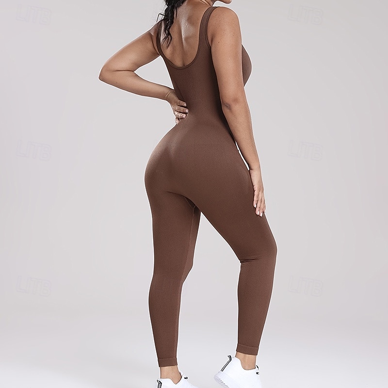 Women's Workout Jumpsuit One Piece Tank Top Leggings Romper Solid Color Bodysuit rice white Black Gym Athletic Running Breathable Tummy Control Sleeveless Sport Activewear3
