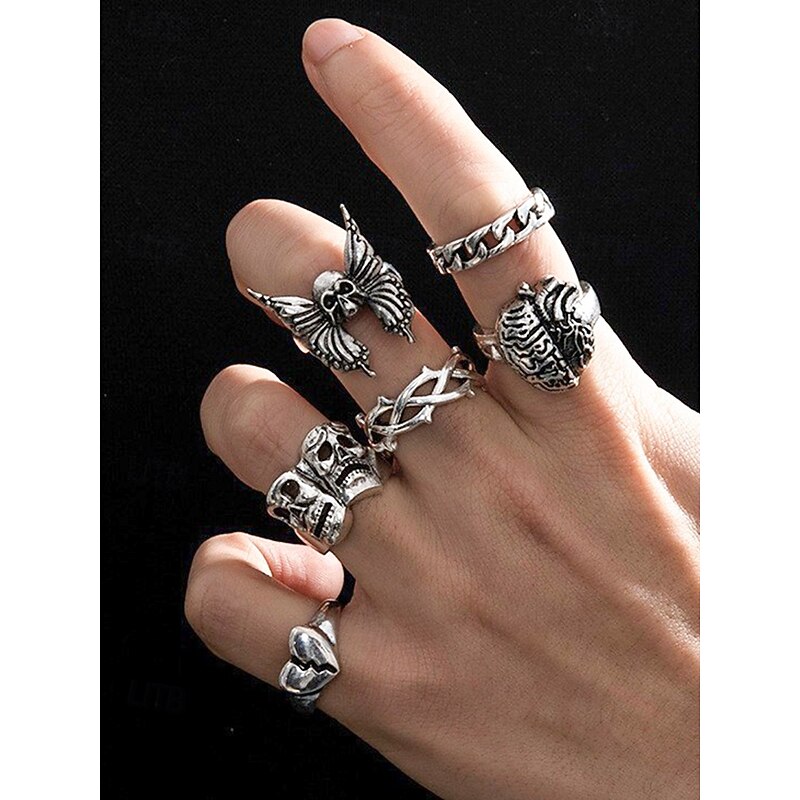 Men's Halloween Gothic Ring Set - with skull, Brain, Butterfly and chain designs, Stackable punk knight jewelry for men and teen boys, Perfect for costume parties, Cosplay, Concerts and nights out