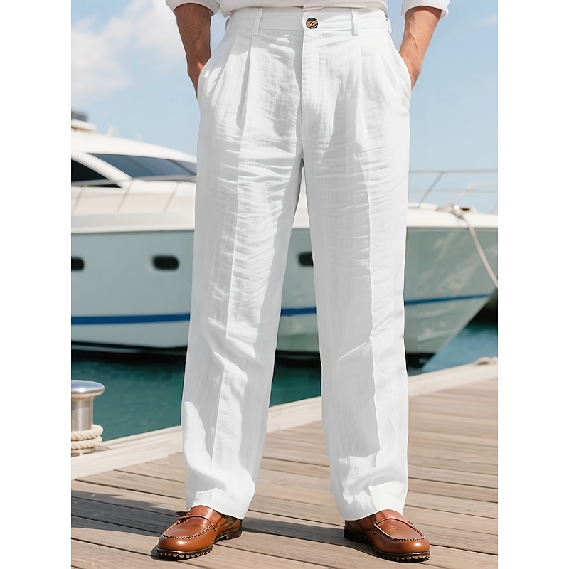 Men's Dress Pants Linen Pants Trousers Summer Pants Front Pocket Straight Leg Plain Comfort Breathable Full Length Outdoor Business Daily Vacation Fashion Black White Inelastic