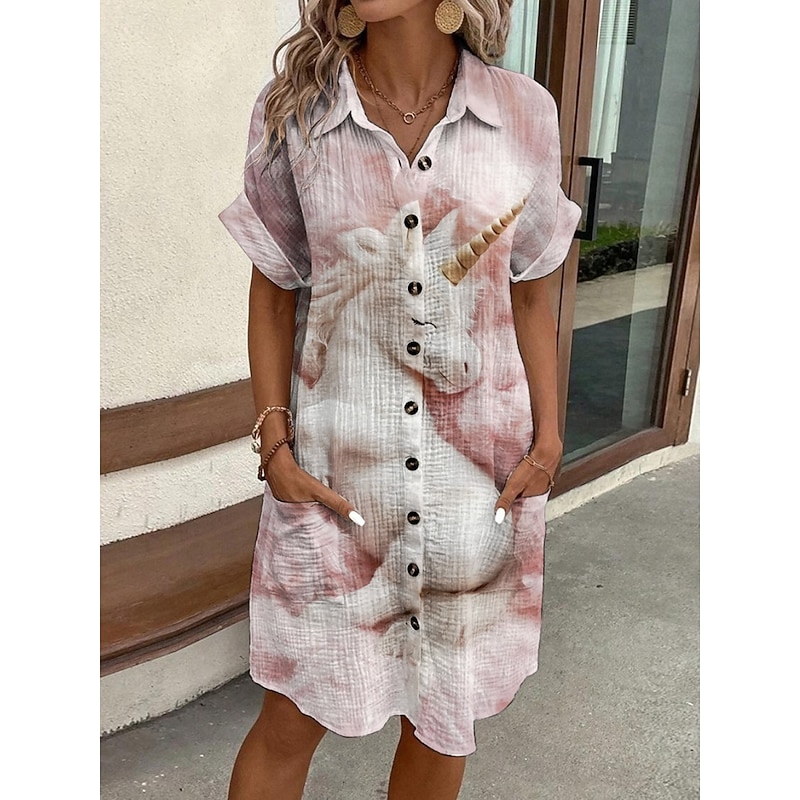 Women's Mini Dress Shirt Dress Casual Dress Print Dress Fashion Modern Daily Beach Weekend Regular Fit Floral Short Sleeve Shirt Collar Pink Fuchsia Summer Spring Fall Autumn
