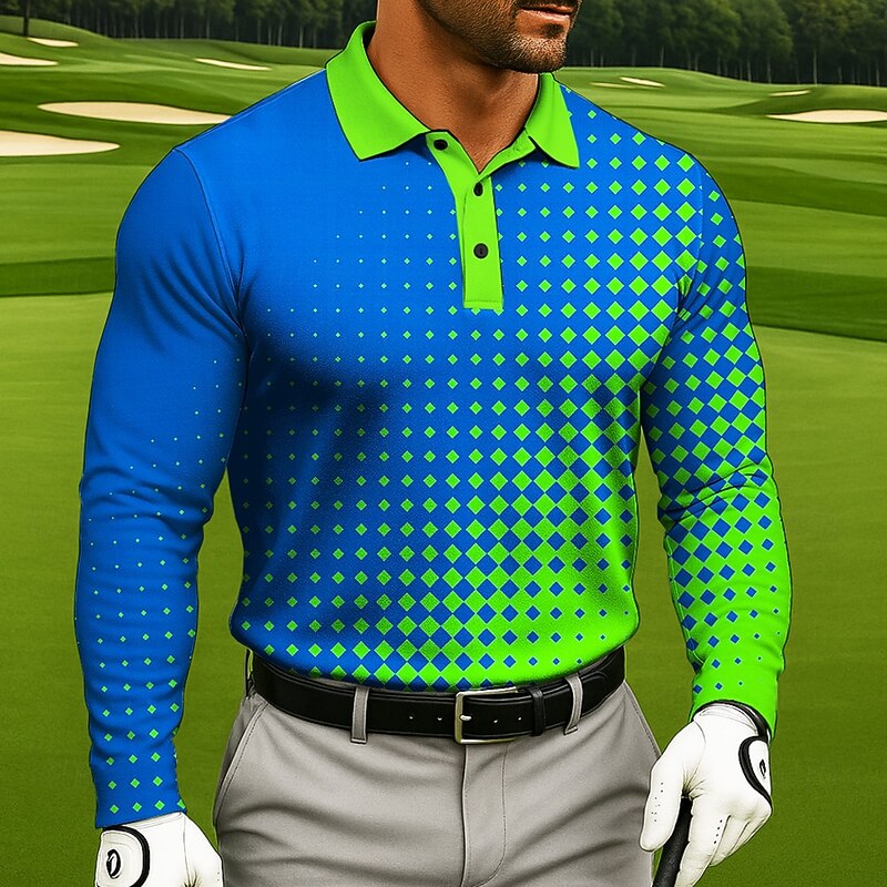 Men's Geometic Golf Polo Long Sleeve Polo Shirts Lapel Casual Athleisure Daily Wear 3D Print Buttons Spring Fall Winter Yellow Orange Green2