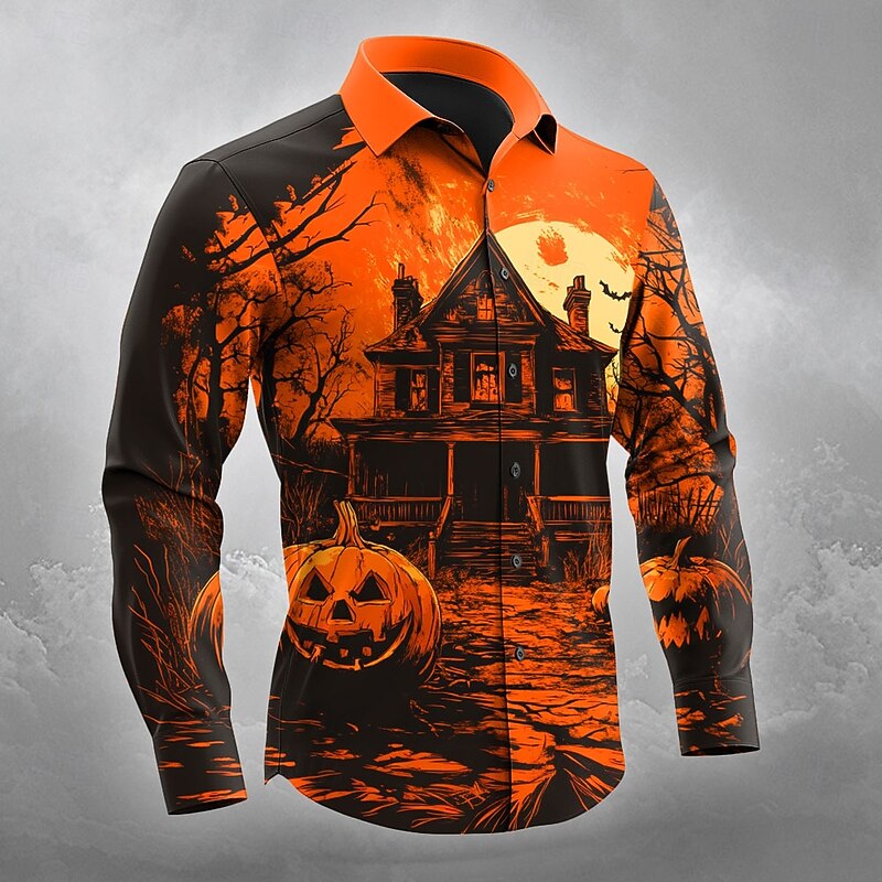 Halloween Men's Pumpkin Haunted House Jack-o'-lantern Shirt Button Up Shirt Long Sleeve Dark Gothic Style Outdoor Holiday Spring Fall Turndown 3D Print Collared Shirts Orange red Orange yellow Black4