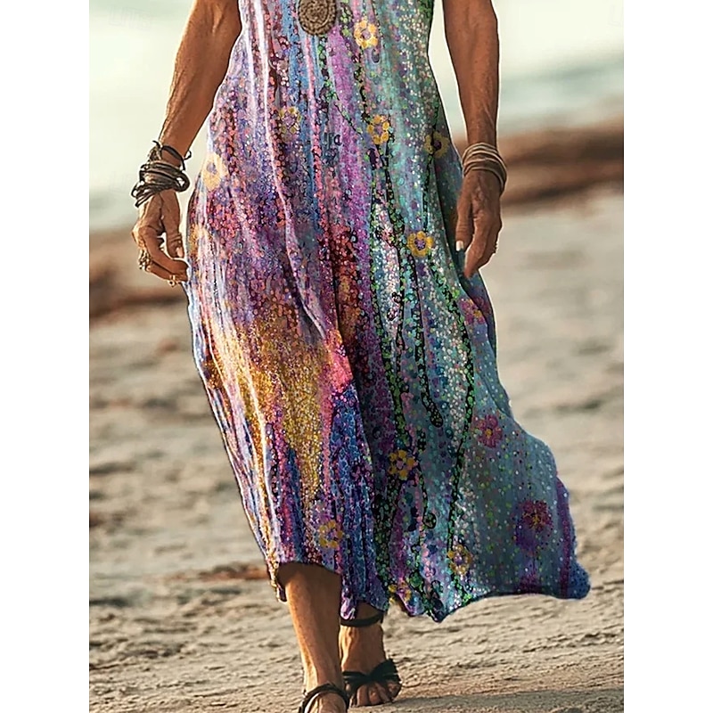 Women's Floor length Casual Dress A Line Dress Summer Dress Elegant Vacation Casual Holiday Date Beach Loose Fit Ombre Floral Graphic Short Sleeve V Neck Light Purple Summer Spring Fall3