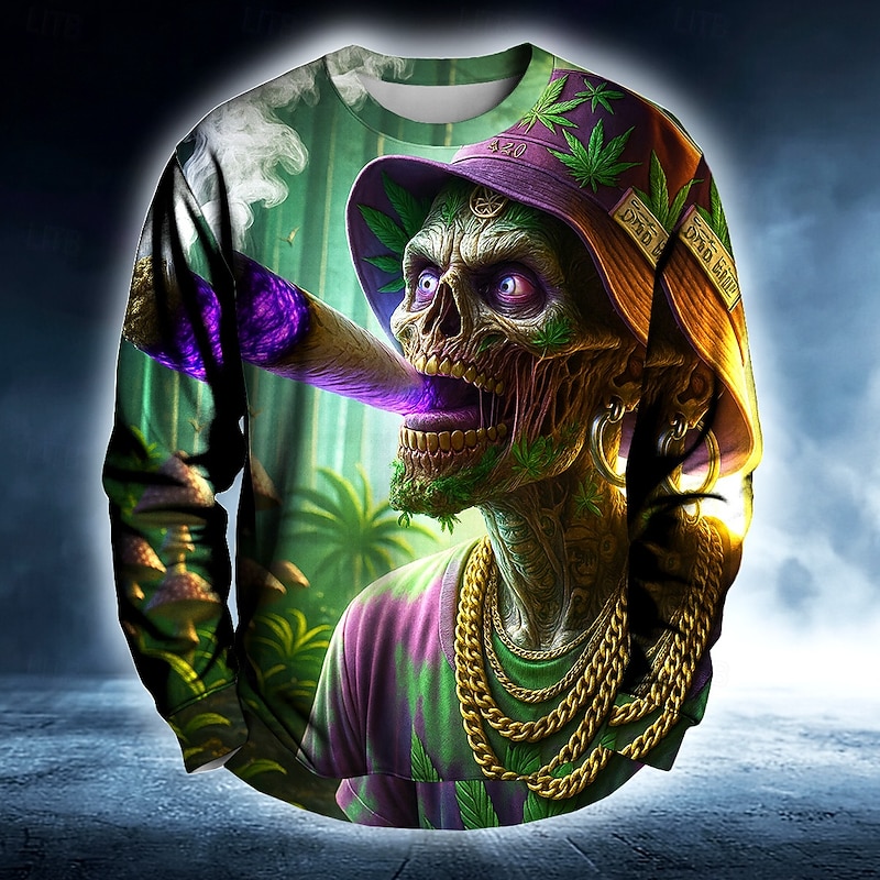 Halloween Men's Devil Weed Leaf Sweatshirt Punk Party Crew Neck Vacation Dark Green Green Crewneck 3D All Seasons Designer4