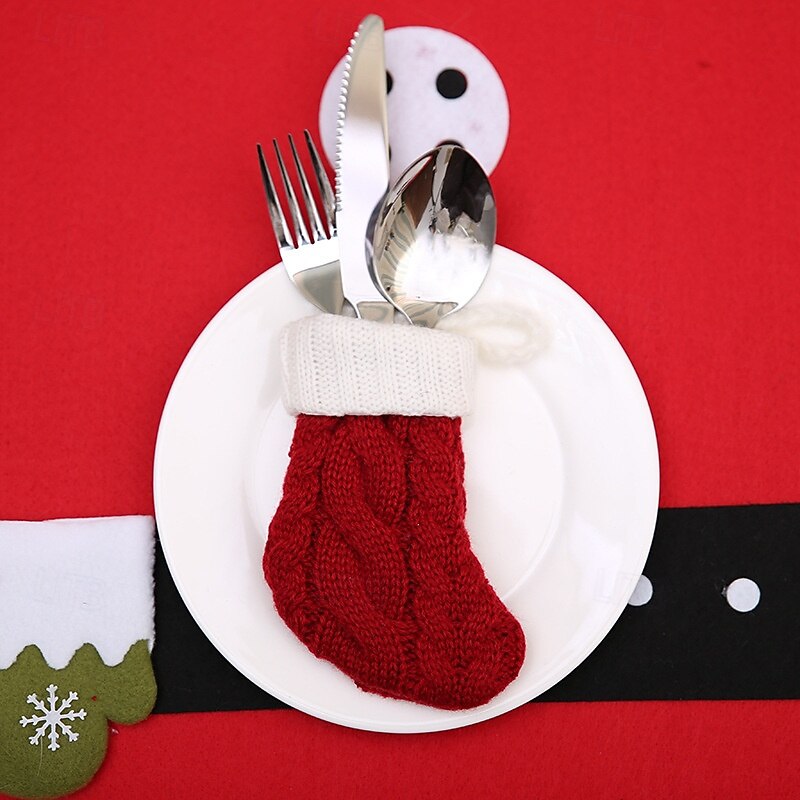 6pcs Christmas Stocking Silverware Holders Set, Knit Utensil Holders Tableware Pouches, Christmas Tree Hanging Socks Ornaments, Holiday Table Decoration Supplies3