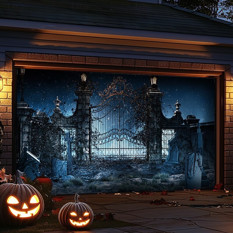 Halloween Garage Door Cover Large Hanging Backdrop Castle 3D Dark Punk Gothic Style Party Outdoor Shooting Backgrounds Front Door Home Decor4