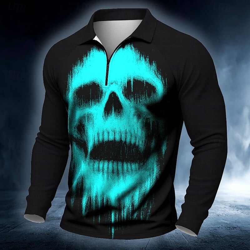 Halloween Men's Skull Skulls Polo Long Sleeve Polo Shirts Casual Dark Outdoor Street Daily Wear 3D Print Quarter Zip Polo Spring Fall Winter White Red Blue4