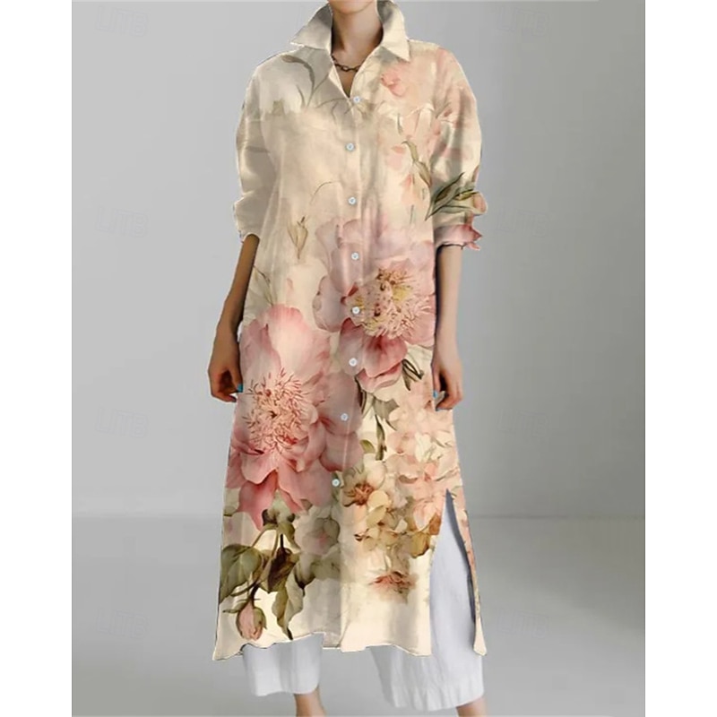 Women's Long Dress Maxi Dress Shirt Dress Casual Dress Print Dress Fashion Modern Daily Weekend Regular Fit Geometric Flower Long Sleeve Shirt Collar Yellow Red Blue Khaki Spring Fall