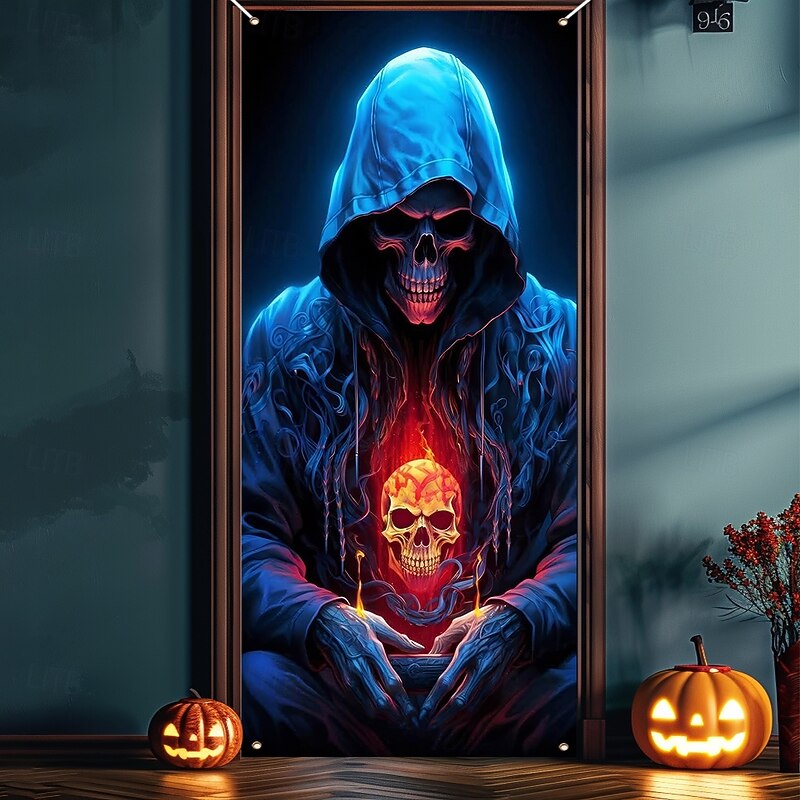 Halloween Door Cover Outdoor Banners Skeleton Grim Reaper Fantasy Psychedelic Dark Punk Gothic Style Party Outdoor Shooting Backgrounds Front Door Wall Porch Home Decor