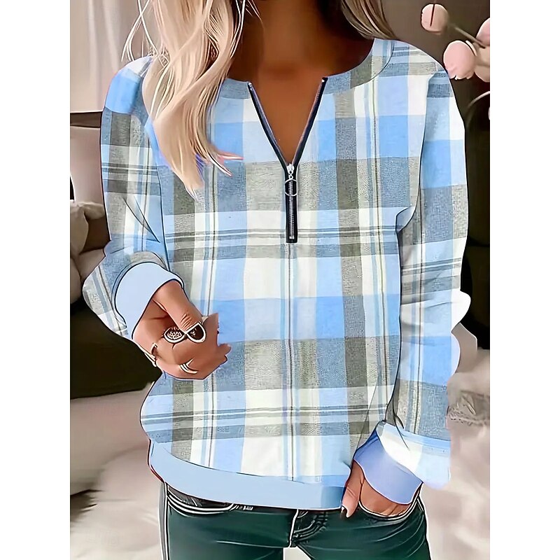 Women's Pullover Sweatshirt Zip Up Sweatshirts Graphic Geometric Plaid Fashion Casual Long Sleeve Crew Neck Regular Tops Street Dailywear Zipper Print Pink Blue Purple Green Gray Fall Winter3