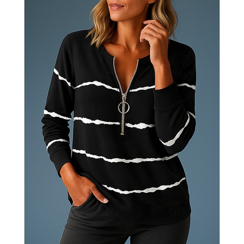 Women's Pullover Sweatshirt Casual Tops Half Zip Long Sleeve Top Athleisure Fall V Neck Stripes Fashion Outdoor Travel Sportswear Activewear Black White Pink