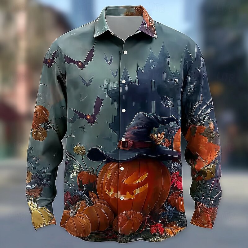 Halloween Men's Pumpkin Bat Halloween Costumes Shirt Button Up Shirt Long Sleeve Dark Gothic Style Outdoor Holiday Spring Fall Turndown 3D Print Collared Shirts Dark Blue