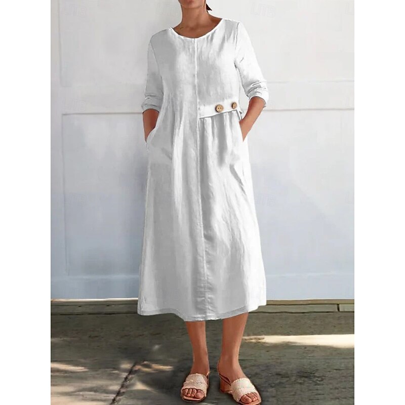 Women's Midi Dress Casual Dress Cotton Linen Dress Basic Modern Daily Weekend Regular Fit Plain 3/4 Length Sleeve Crew Neck Black White Yellow Red Summer Spring Fall2