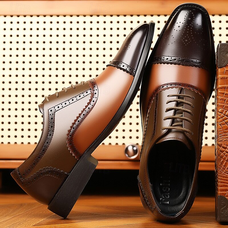 Men's Brown and Black Two-Tone Brogue Shoes – Faux Leather Lace-Up Dress Shoes for Business and Semi-Formal Wear3