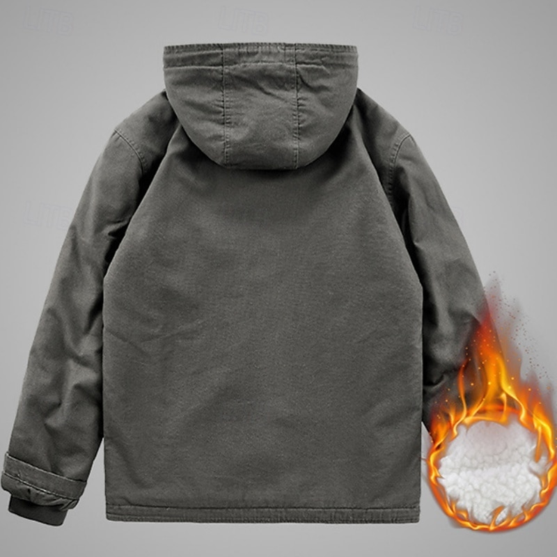 Men's Fleece Jacket Hoodied Jacket Formal Home Fleece Lining Portable Pocket Hooded Spring Fall Winter Solid Color Active Vintage Hooded Regular Brown Light Grey Dark Grey Jacket3