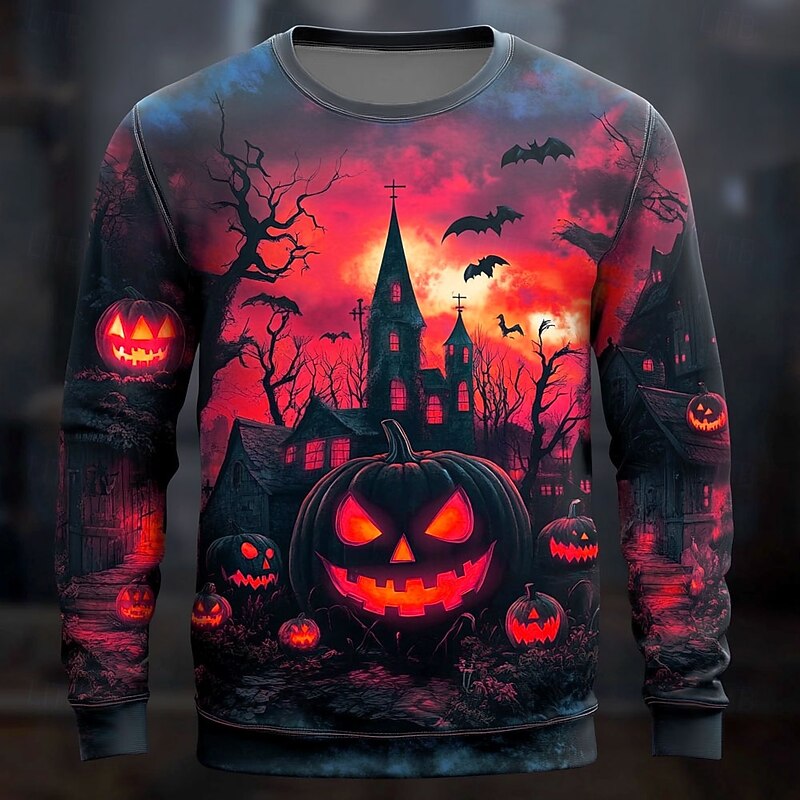 Halloween Men's Pumpkin Cemetery Sweatshirt Punk Party Long Sleeve Crew Neck Vacation Red Blue Crewneck 3D All Seasons Designer4