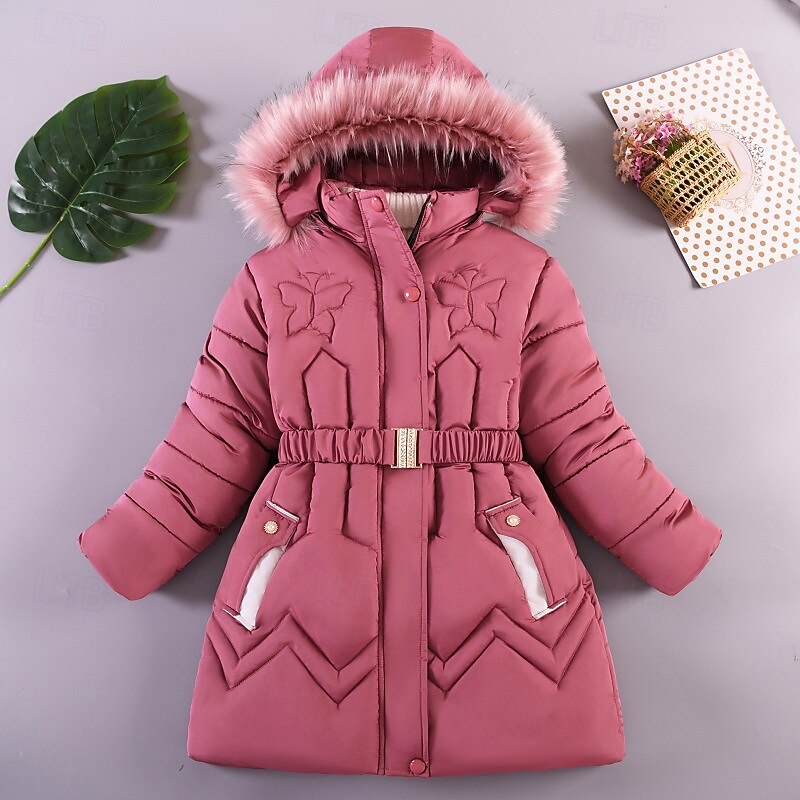 Kids Girls' Down Coat Solid Color Fashion Fur Trim Zipper Pocket School Coat Outerwear 4-12 Years Winter Black Pink Wine4