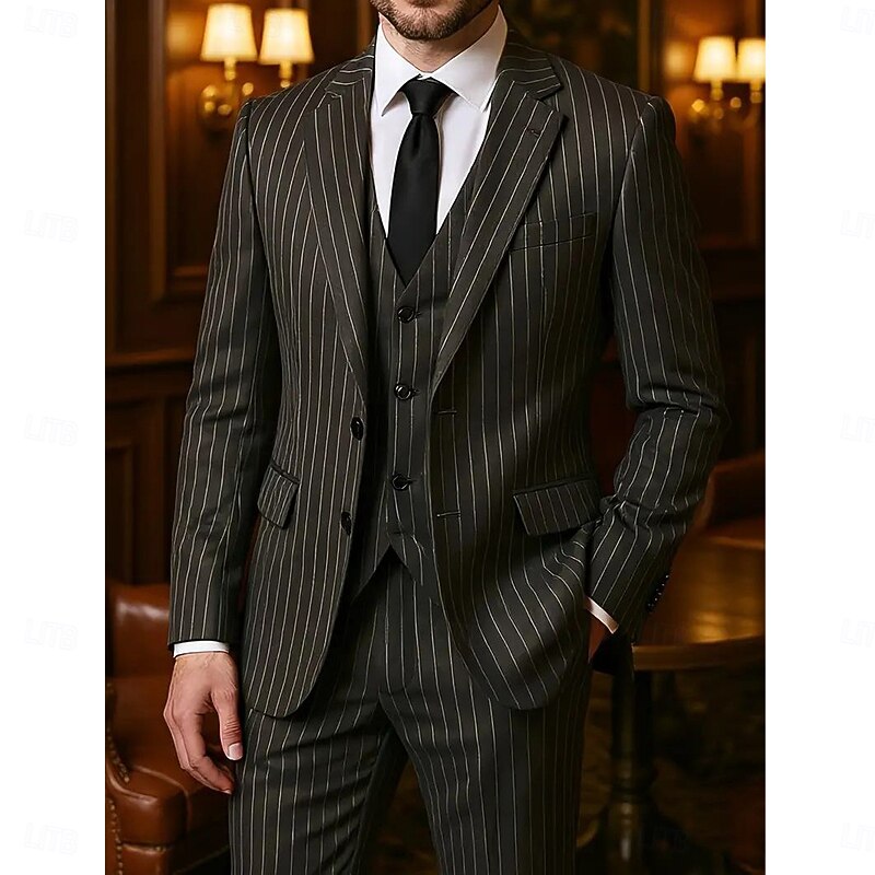 Men's Casual Semi Formal Business Suits Notch Lapel Black Formal Striped Tailored Fit 3 Piece Single Breasted Two-buttons