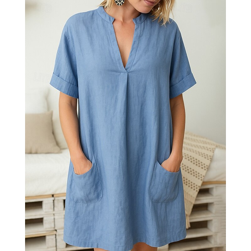 Women's Mini Dress Shirt Dress Casual Dress Cotton Linen Dress Classic Modern Outdoor Vacation Holiday Regular Fit Plain Short Sleeve V Neck Black Light Green Purple Light Blue Summer