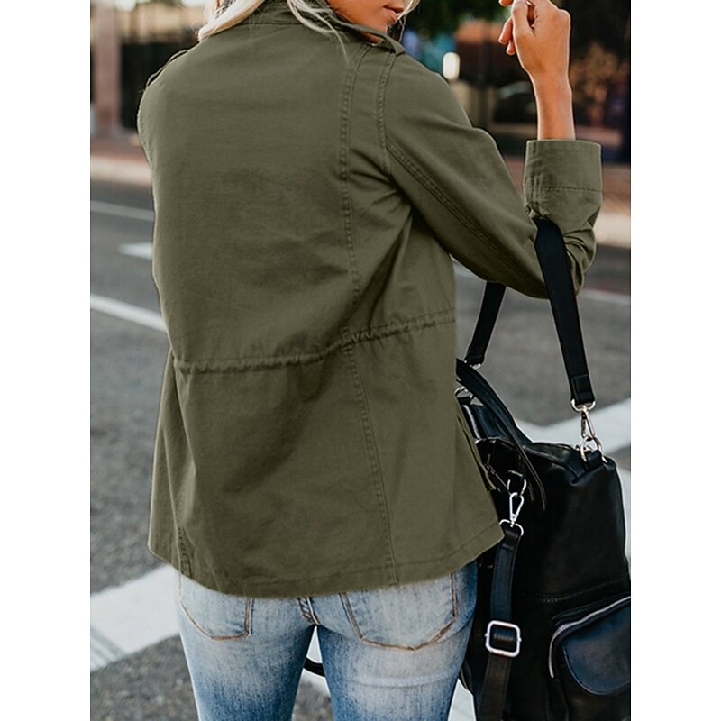 Women's Casual Jacket Comfortable Breathable Zipper Pocket Casual Plain Vacation Street Casual Daily Wear Zipper Regular Stand Collar Regular Fit Long Sleeve Outerwear Black Khaki Army Green Summer4