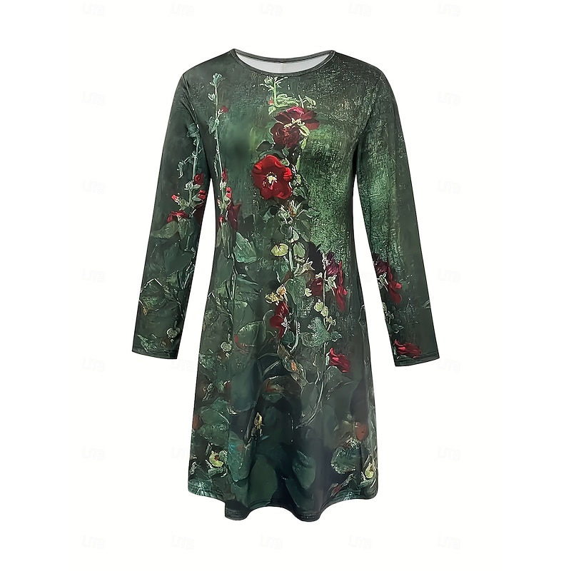 Women's Midi Dress Casual Dress T Shirt Dress Tee Dress A Line Dress Vacation Casual Date Regular Fit Floral Graphic Long Sleeve Crew Neck Green Spring Fall Winter2