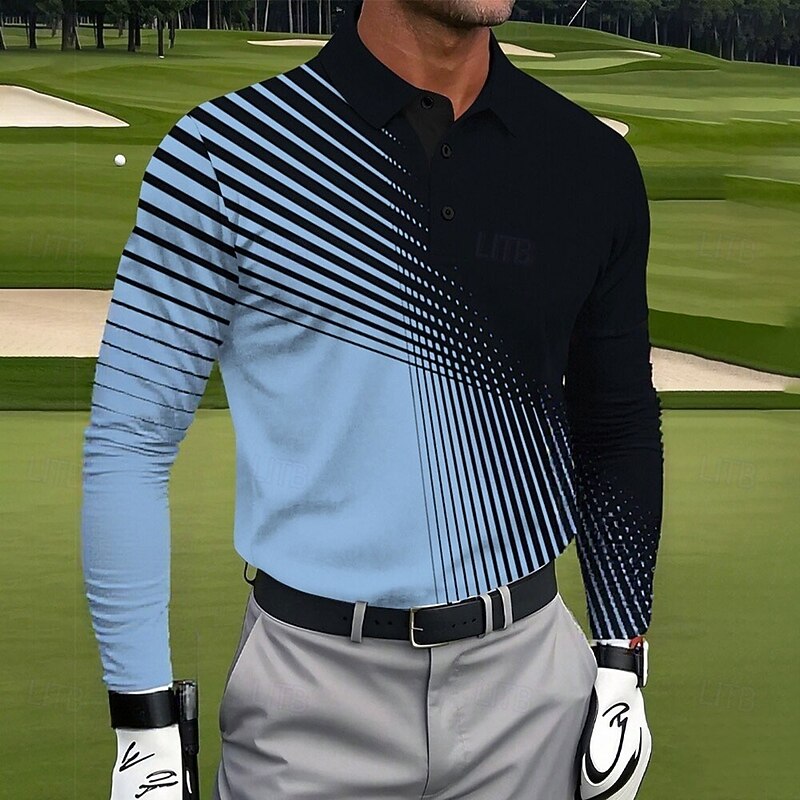 Men's Geometic Golf Polo Sports Polo Shirts Long Sleeve Polo Shirts Lapel Casual Athleisure Daily Wear 3D Print Buttons Spring Fall Winter White Blue Purple2