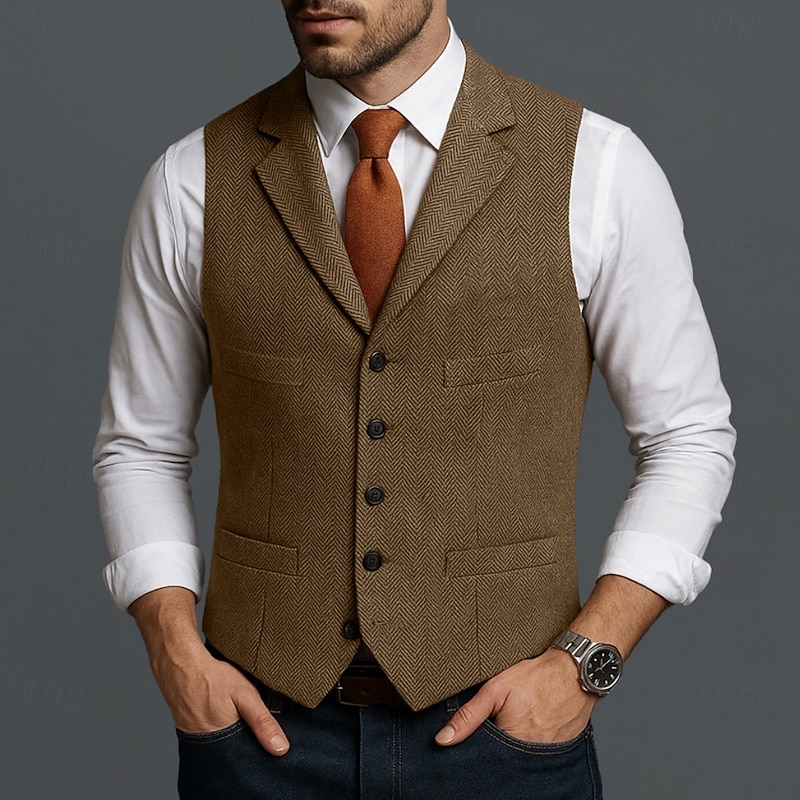 Men's Vest Waistcoat Formal Wedding Vacation Daily Fashion Classic Spring Fall Pocket Buttons Wool Acrylic Comfortable Plain Herringbone Single Breasted Lapel Regular Fit Black Champagne Red Burgundy