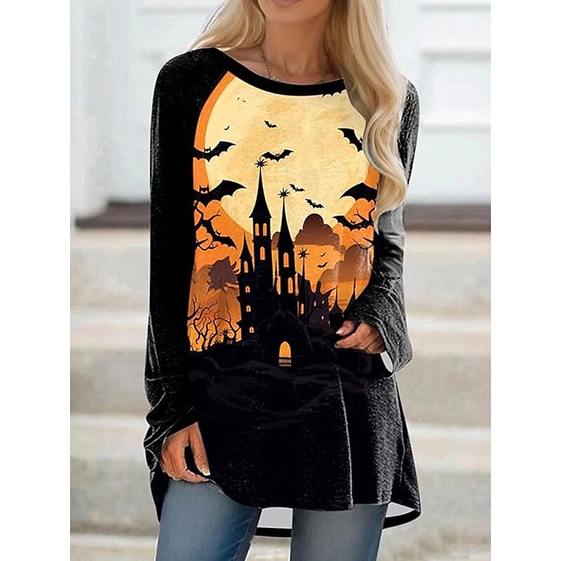 Halloween Women's T shirt Witch Long Sleeve Graphic Vintage Stylish Classic Long Sleeve Crew Neck Regular Tops Daily Print Black Yellow Red Orange Spring Fall Winter Prefall3