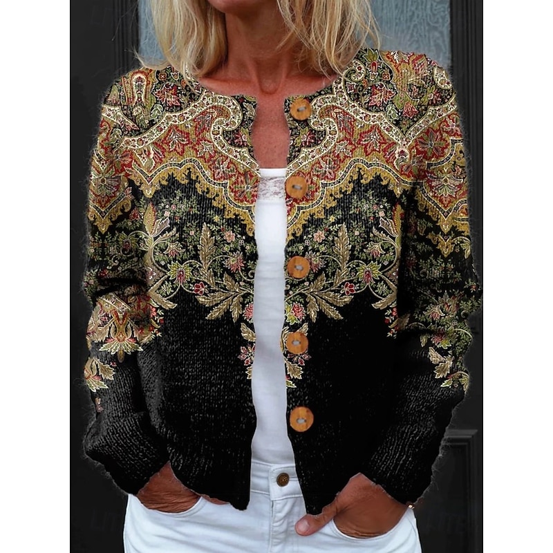 Women's Cardigan Sweater Knitted Ribbed Button Front Round Neck Long Sleeve Lightweight Daily Geometric Paisley Crew Neck Buttons Print Regular Tops Knit Outdoor Weekend Black Yellow Spring Fall