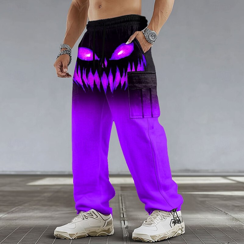 Halloween Men's Pumpkin Halloween Costumes Cargo Sweatpants Joggers Casual Pants Mid Waist Casual Athletic Hiking Workout Elastic Drawstring Waist Open Bottom Tactical Pants with Pockets Spring Fall4