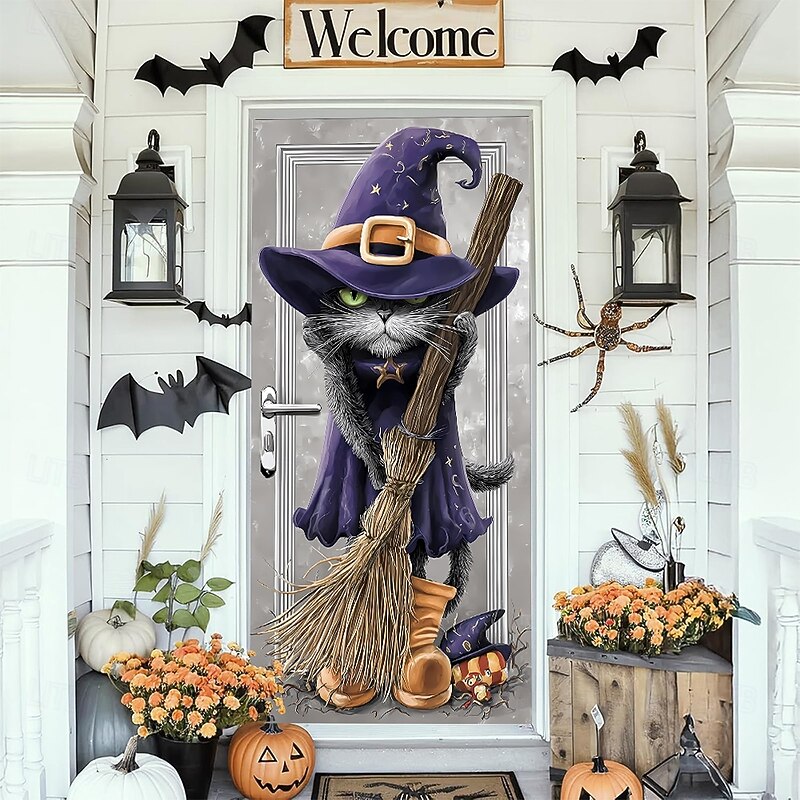 Halloween Door Cover Outdoor Banners Witch Cat Psychedelic Dark Punk Gothic Style Party Outdoor Shooting Backgrounds Front Door Wall Porch Home Decor3